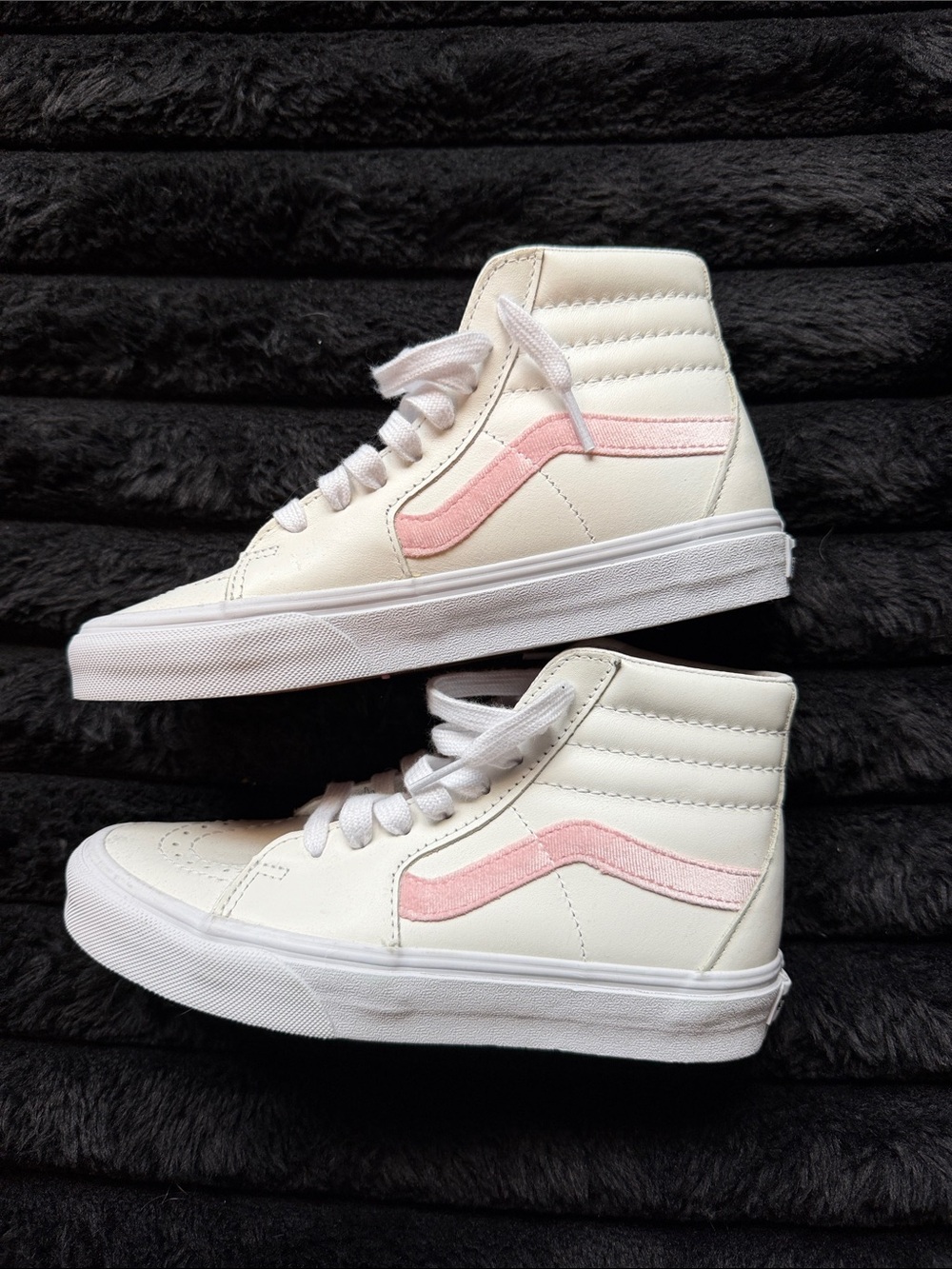 Vans Women’s High-Top Sneakers in Cream with Pink Stripe